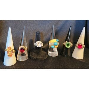 Statement Ring Lot 6pc Gold & Silver Tone Red Green Clear Turquoise Size 5-7